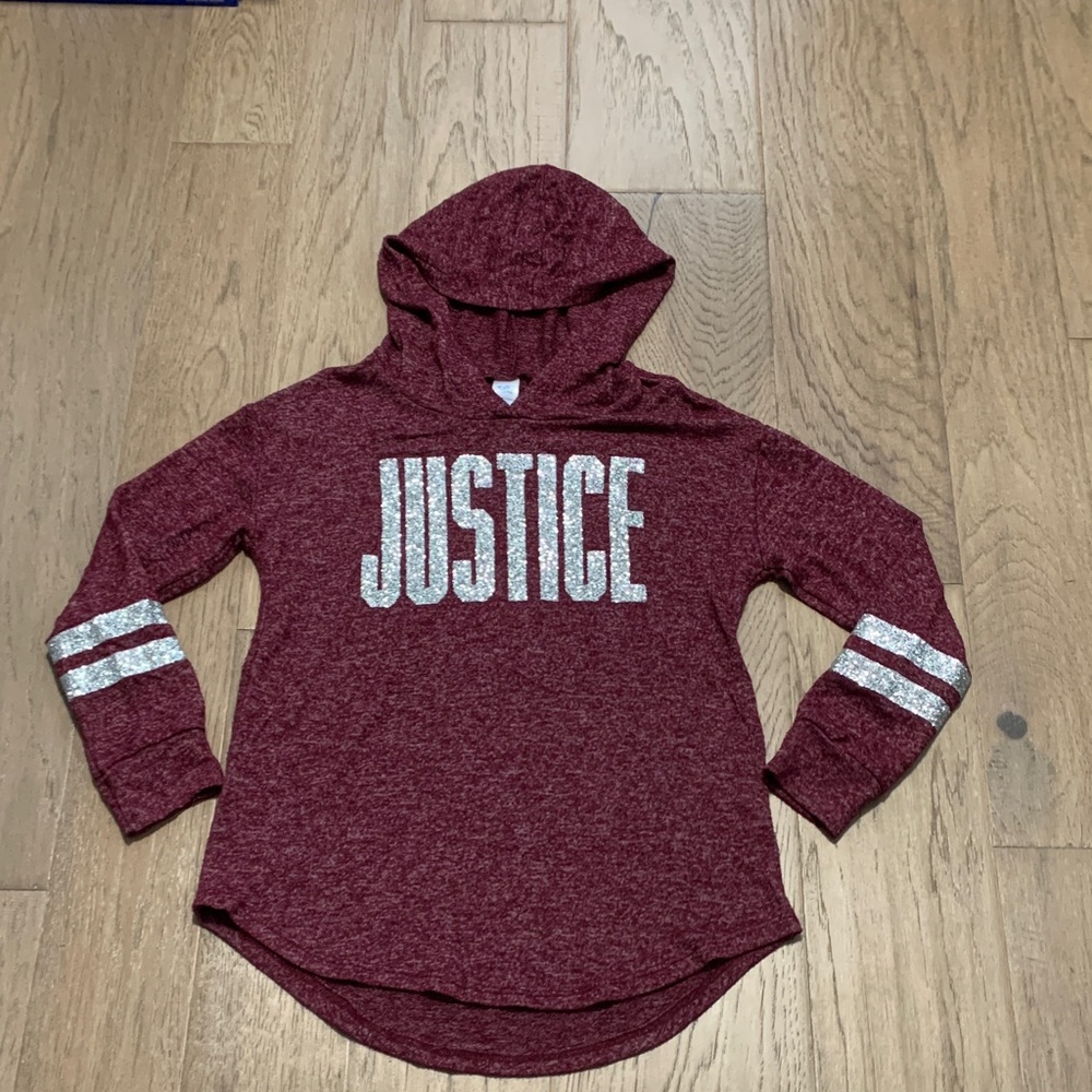 Justice Maroon Hooded Sweatshirt with Silver Glitter Logo Size 8